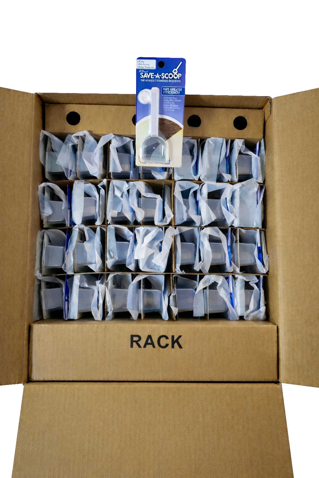 Open dealer box with Save-A-Scoop® blister pack